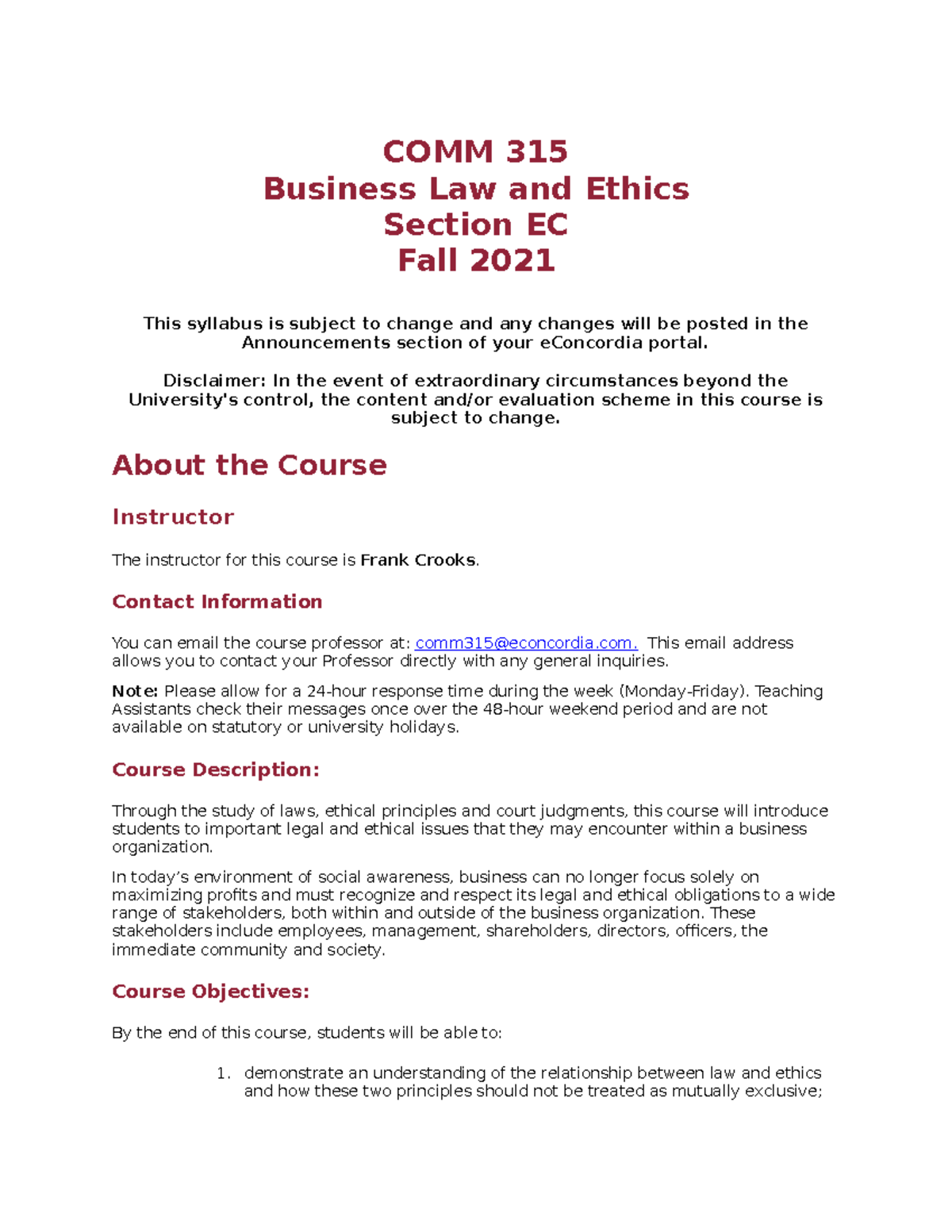 Course Outline - COMM 315 Business Law and Ethics Section EC Fall 2021 ...