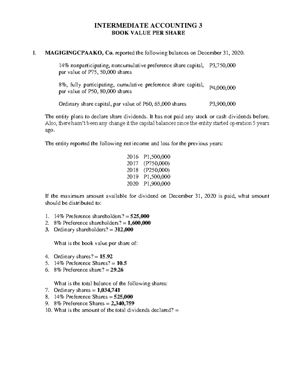 Book Value per Share activity - INTERMEDIATE ACCOUNTING 3 Book Value ...