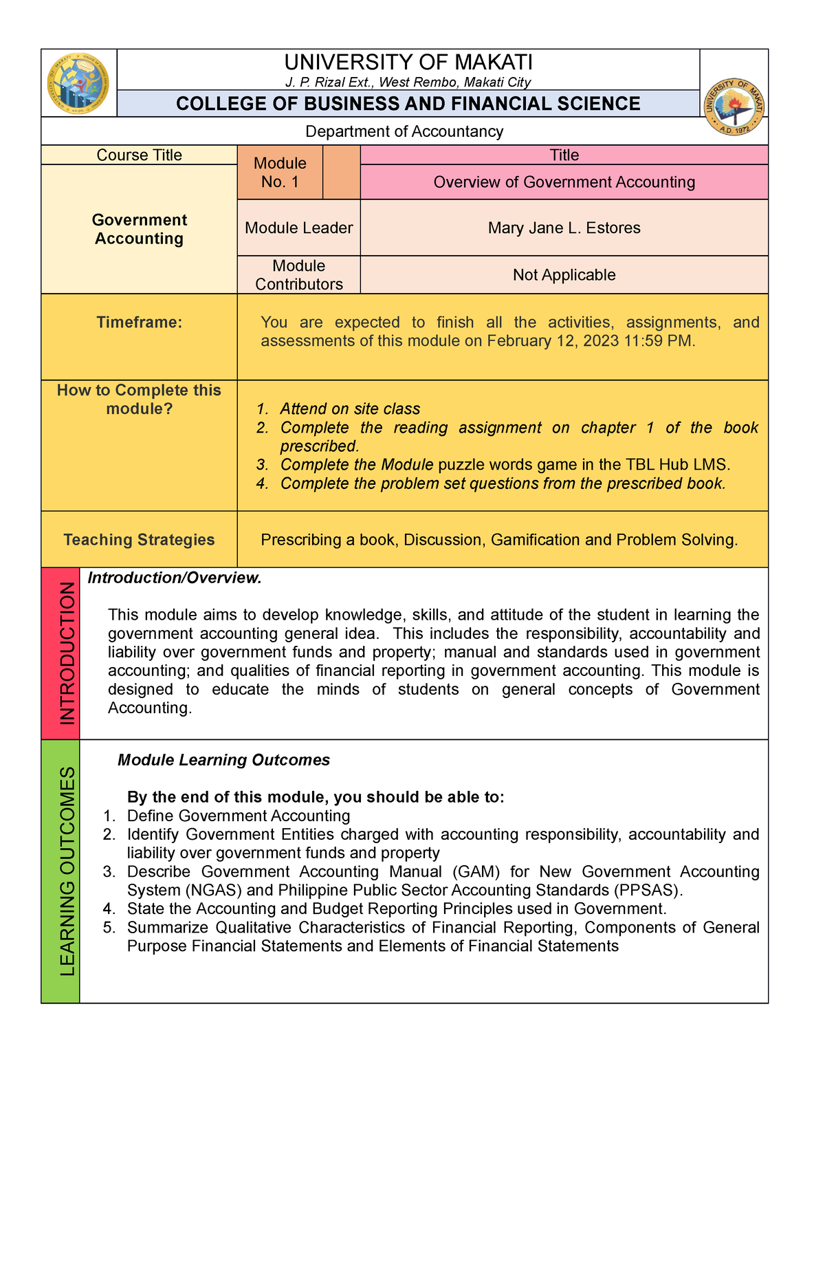 Module 1 Overview of Government Accounting - UNIVERSITY OF MAKATI J. P ...