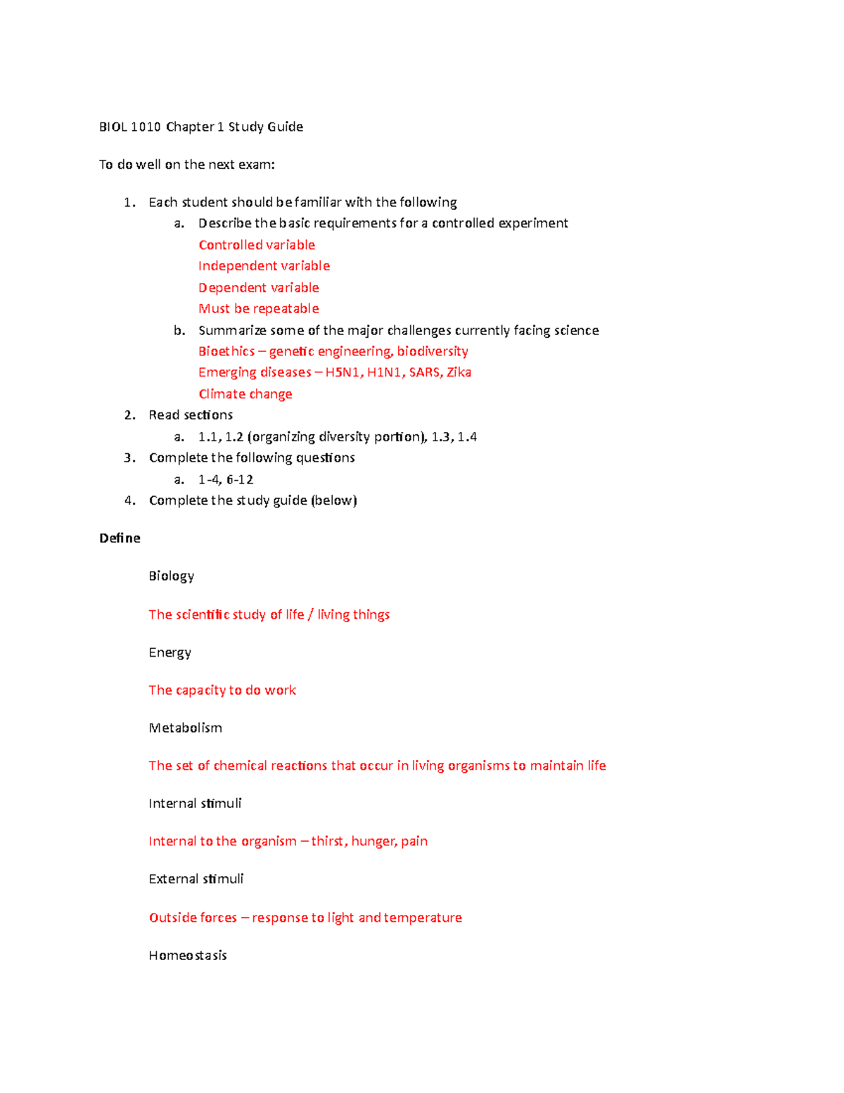 Biology Chapter 1 Study Guide - BIOL 1010 Chapter 1 Study Guide To Do ...