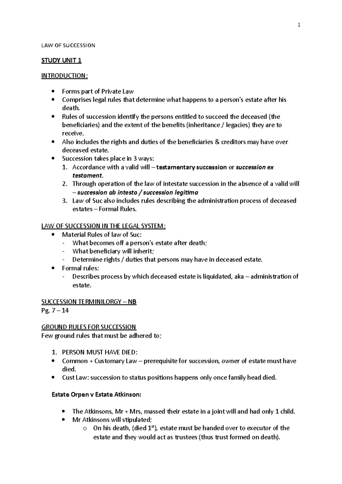 PVL2602-summaries - 1 LAW OF SUCCESSION STUDY UNIT 1 INTRODUCTION ...