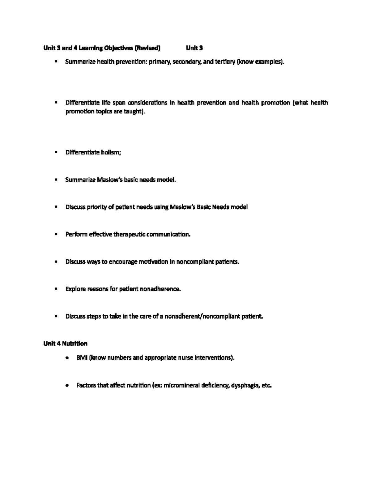 NUR 155 UNIT 3and 4 objectives - NUR 155 - Studocu