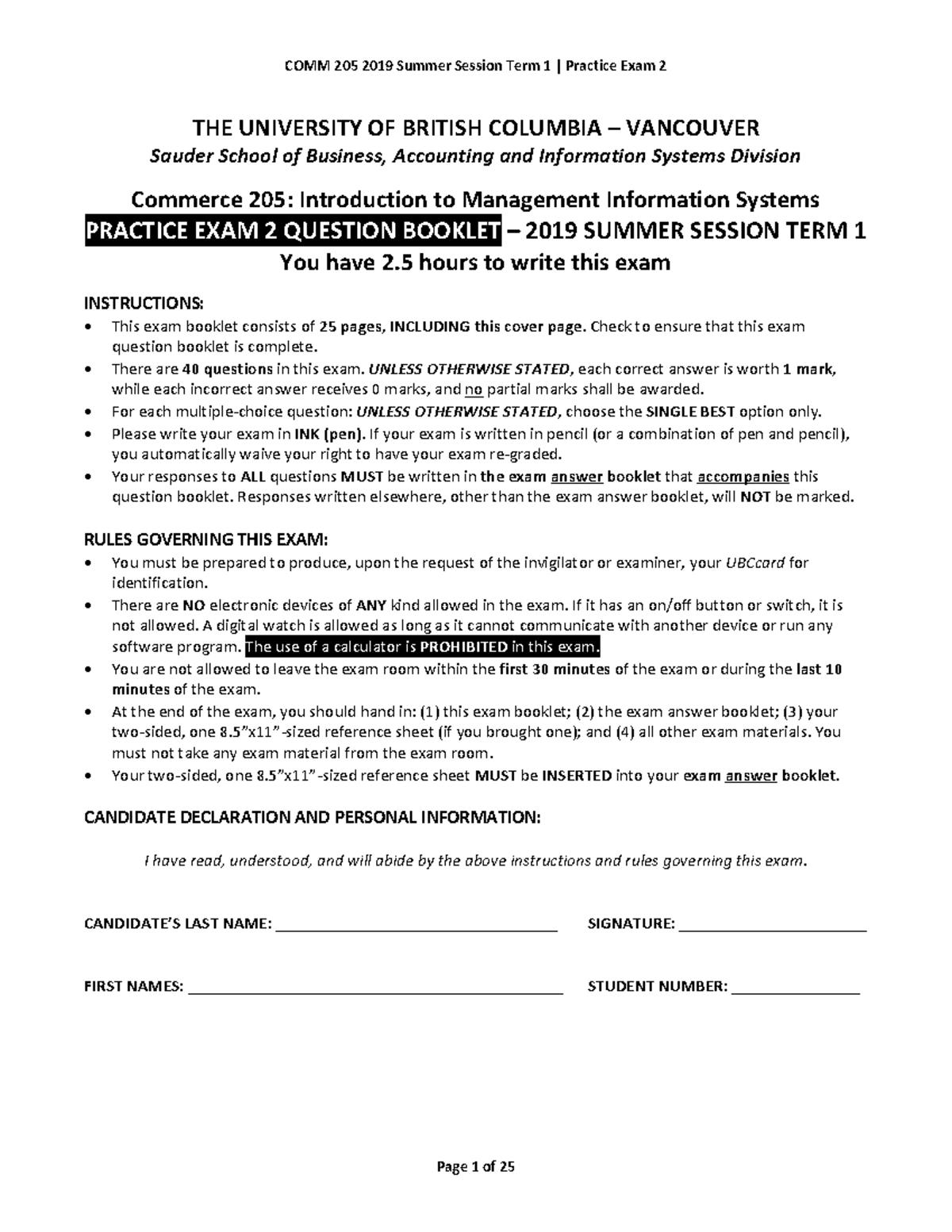 COMM 205 2019 S1 Practice Exam 2 Question Booklet - THE UNIVERSITY OF ...