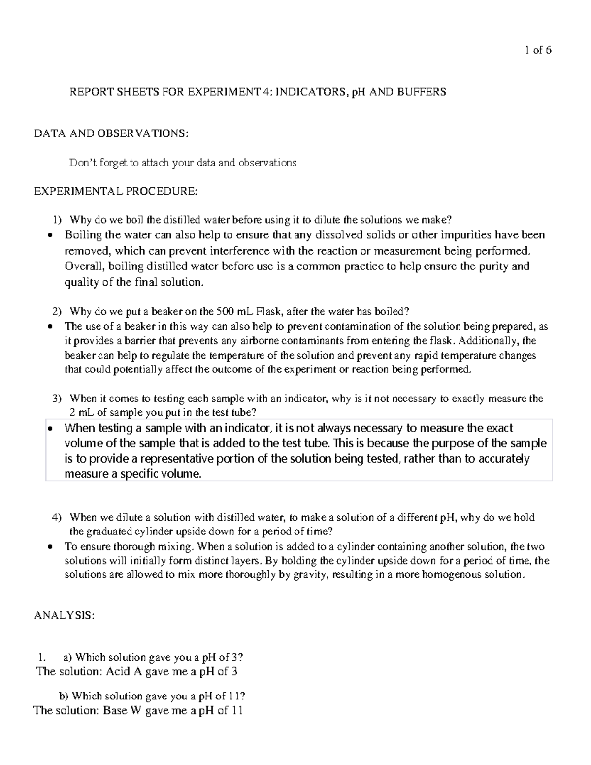 Experiment 4 Lab Report REPORT SHEETS FOR EXPERIMENT 4 INDICATORS