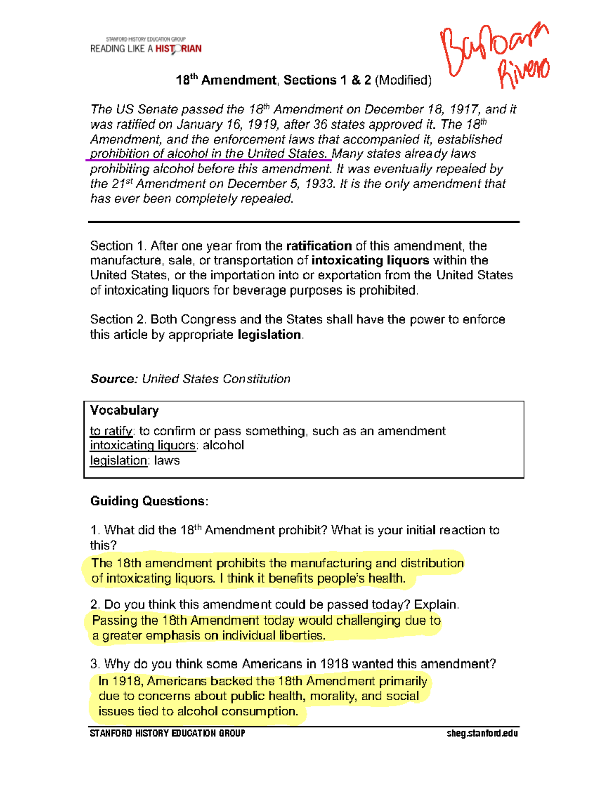 Prohibition Student Materials - 18 th Amendment, Sections 1 & 2 ...
