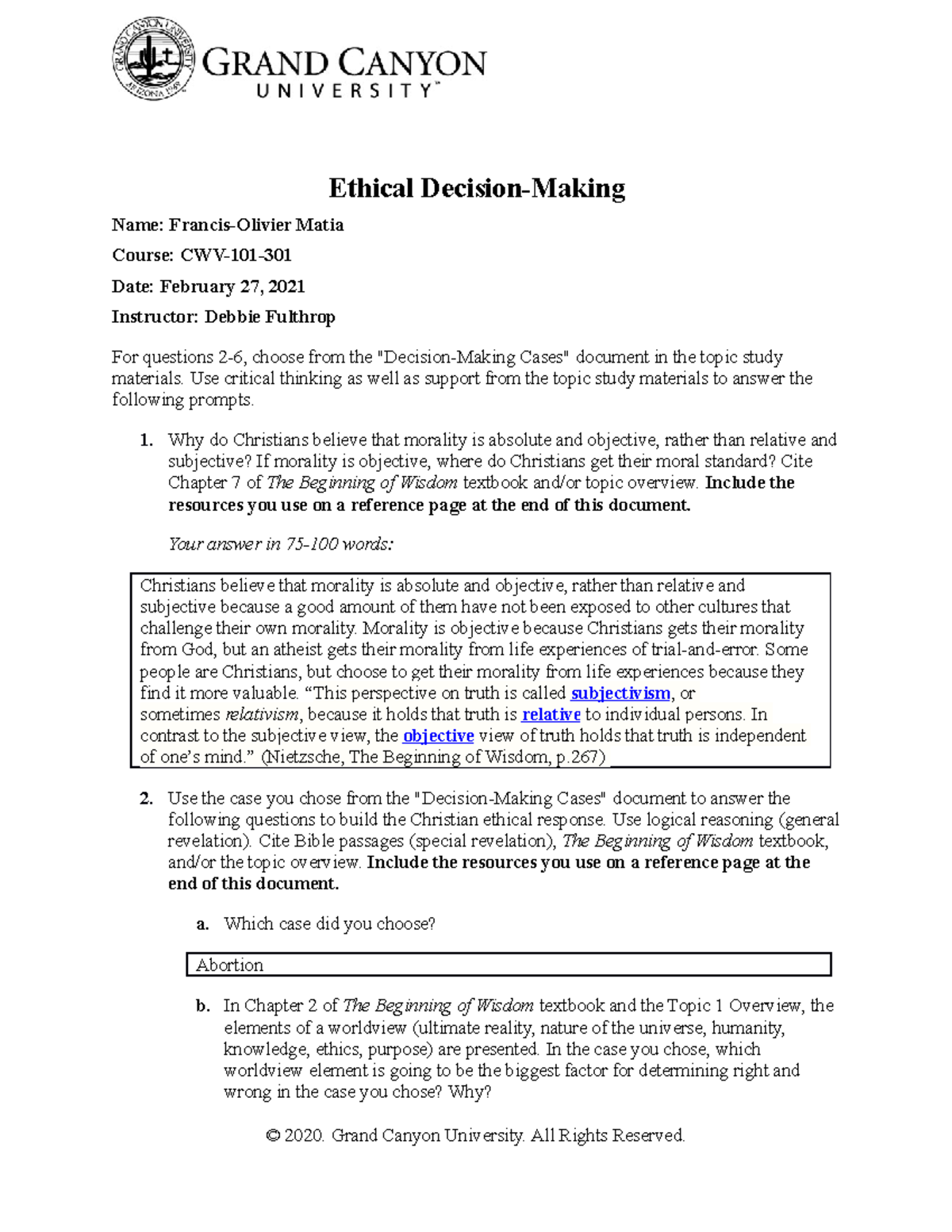 Cwv 101 301 Rs T6 T7ethical Decision Making Studocu