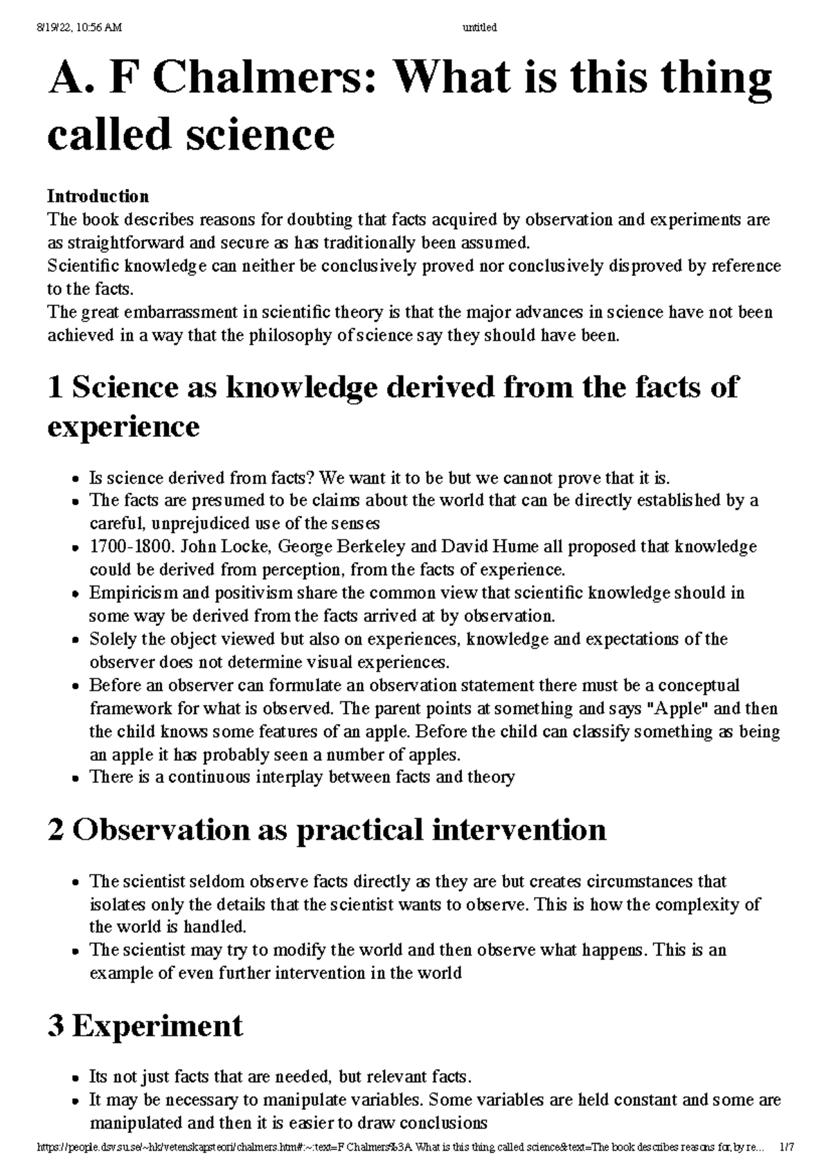 Summary thing called Science - A. F Chalmers: What is this thingF ...