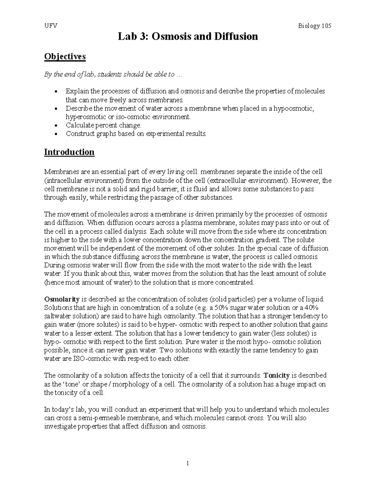 UFV BIOL105 F2022 Lab 3 Diffusion and Osmosis Lab 3 Osmosis and Diffusion Objectives By the