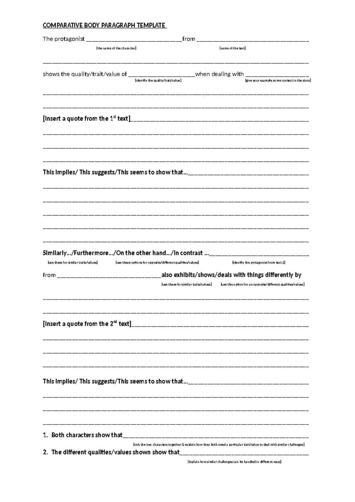 Comparative BODY Paragraph Template - COMPARATIVE BODY PARAGRAPH ...
