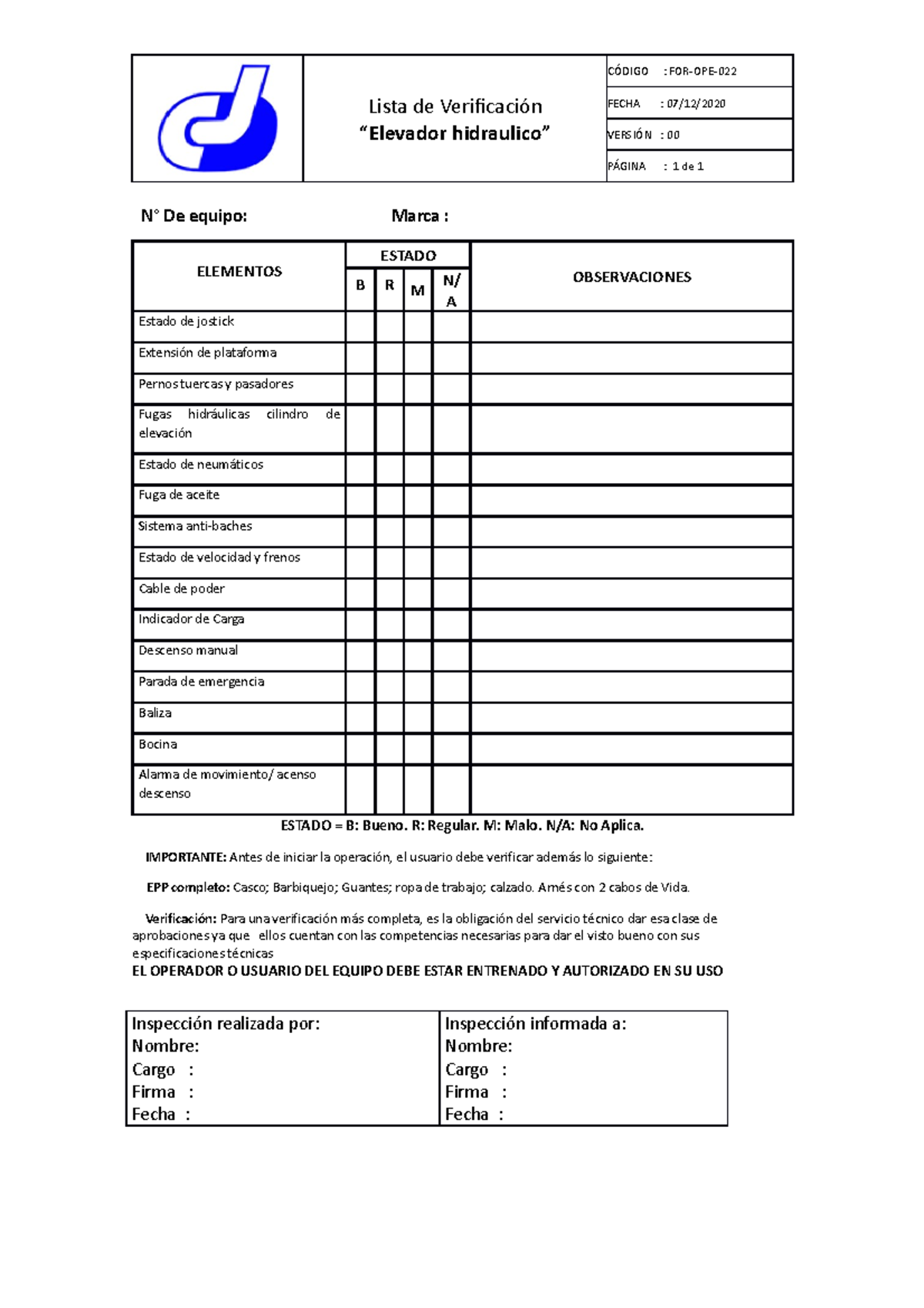 Check list elevador hidraulico - Lista de Verificación “Elevador ...
