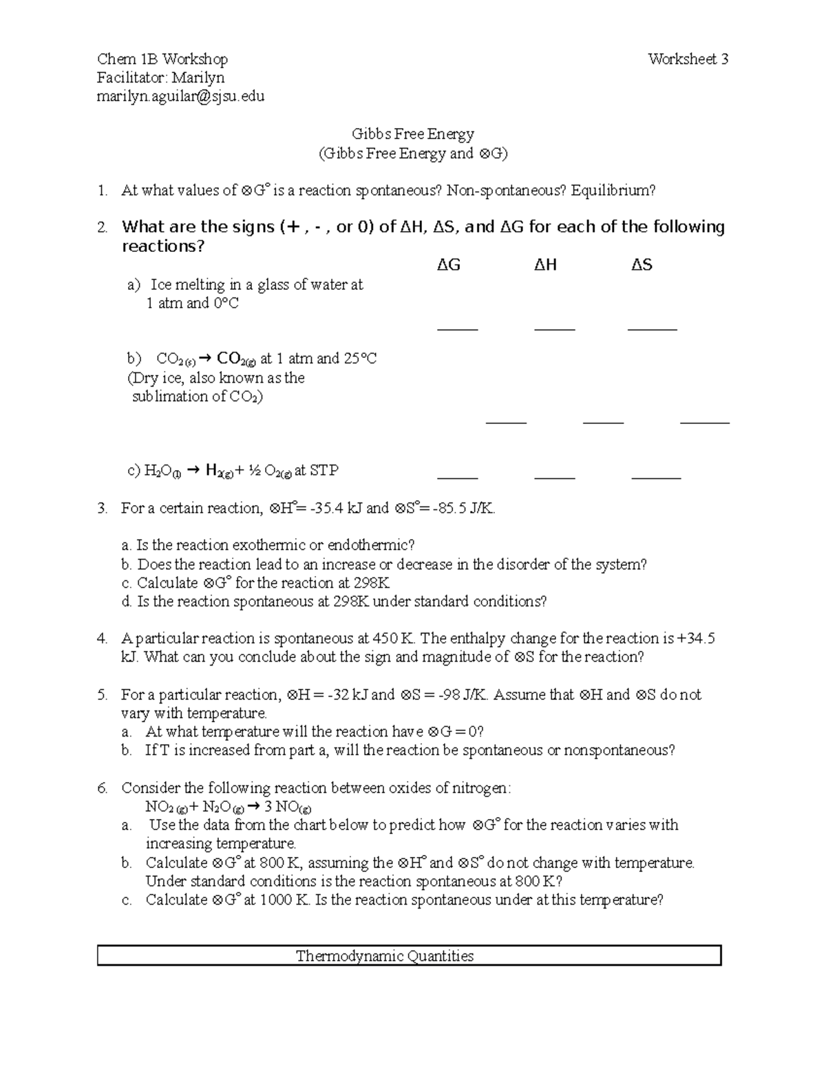 Chem 221b Worksheet 221 - Chem 221B Workshop Facilitator: Marilyn In Gibbs Free Energy Worksheet