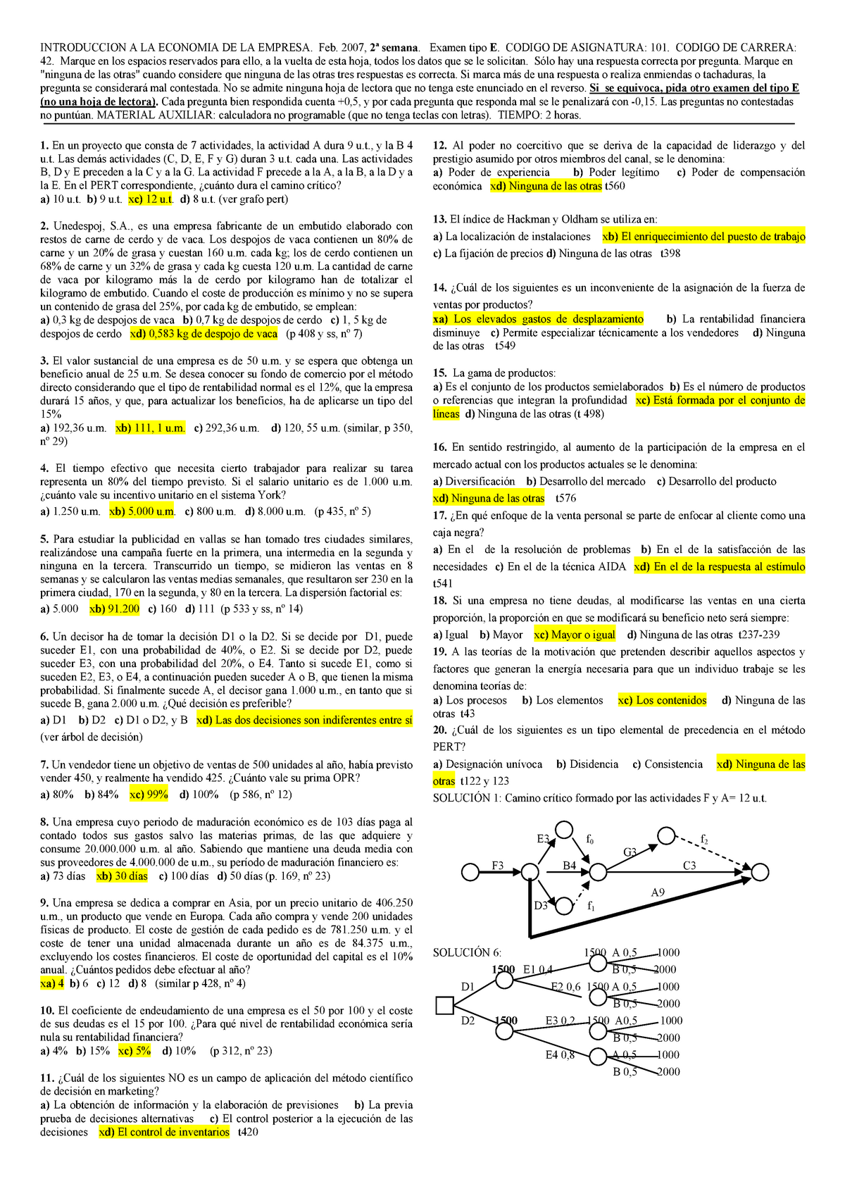 Exámen preguntas y respuestas INTRODUCCION A LA ECONOMIA DE LA EMPRESA Feb ª