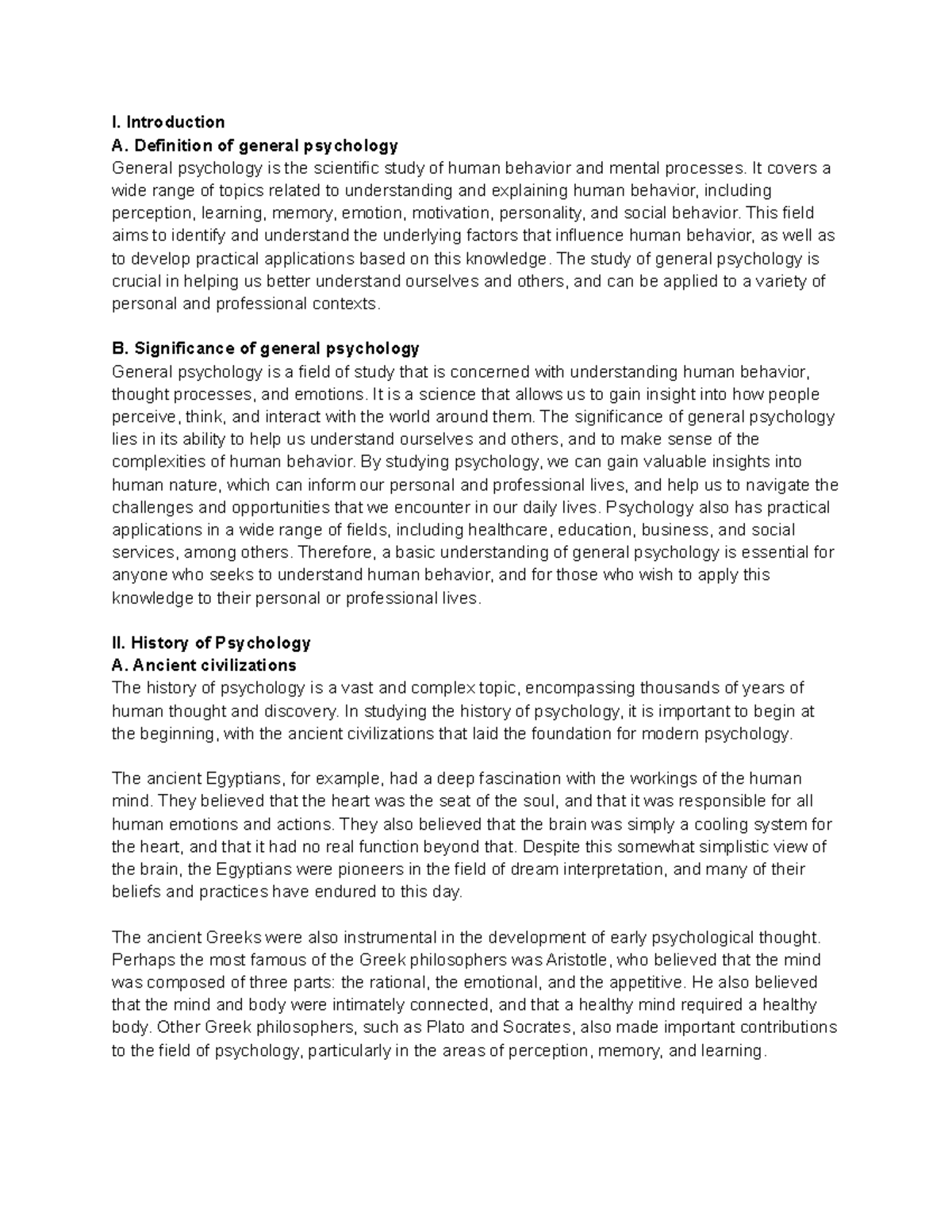 PSY150 General Psychology Notes I. Introduction A. Definition of