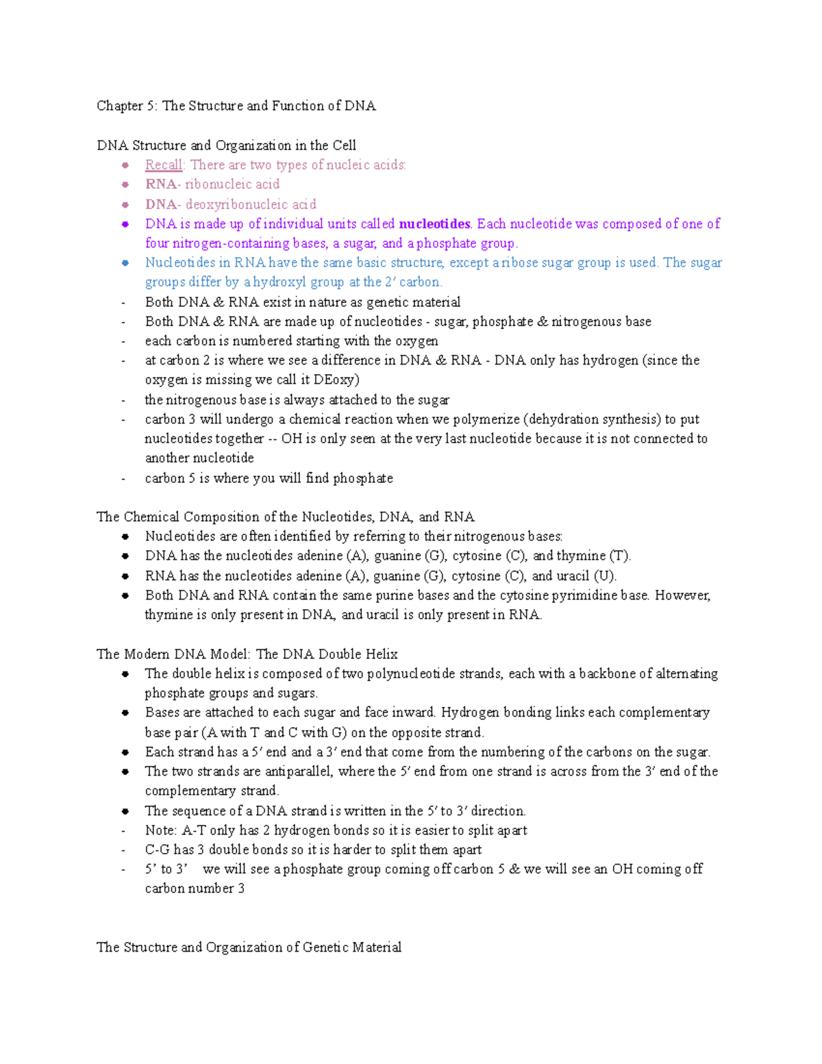 Molecular genetics - summarized notes - Chapter 5: The Structure and ...