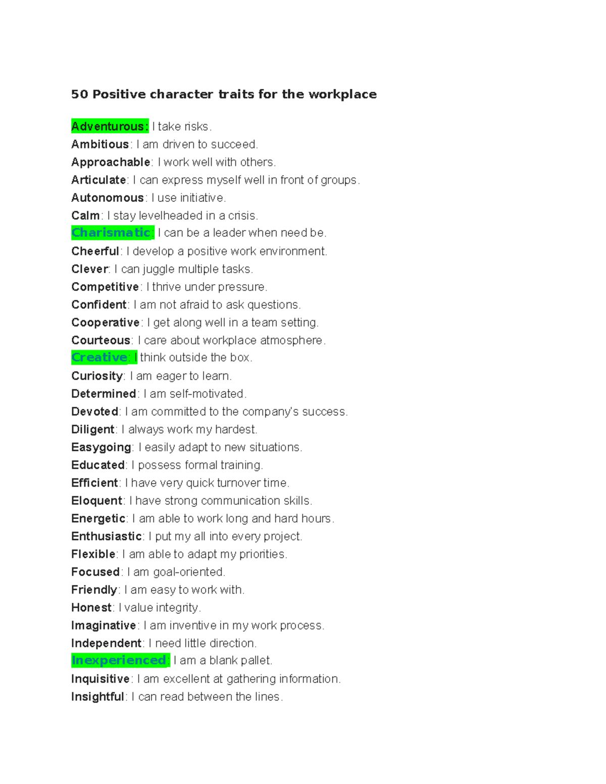 50 Positive character traits for the workplace - 50 Positive character ...