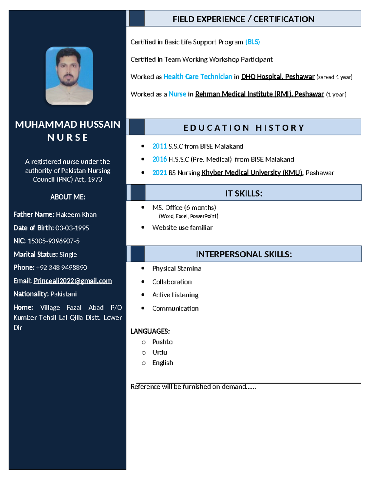 M Hussain cv - MUHAMMAD HUSSAIN N U R S E A registered nurse under the ...