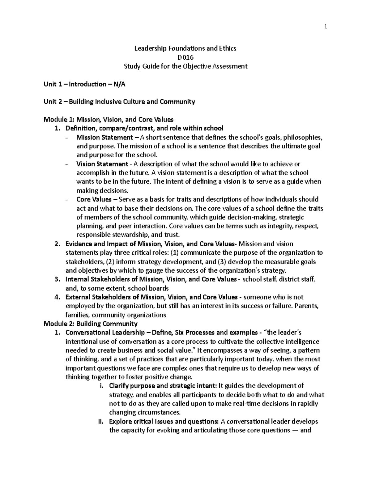 D016 - study guide - Leadership Foundations and Ethics D Study Guide ...