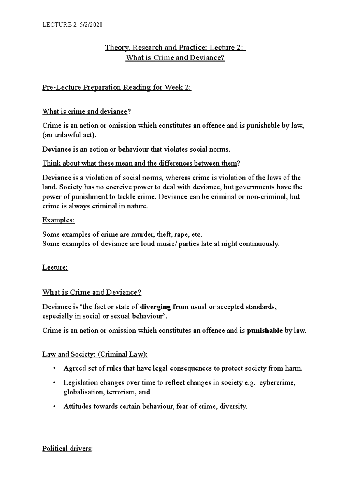 Theory - L2 notes - Crime and deviance - LECTURE 2: 5/2/ Theory ...