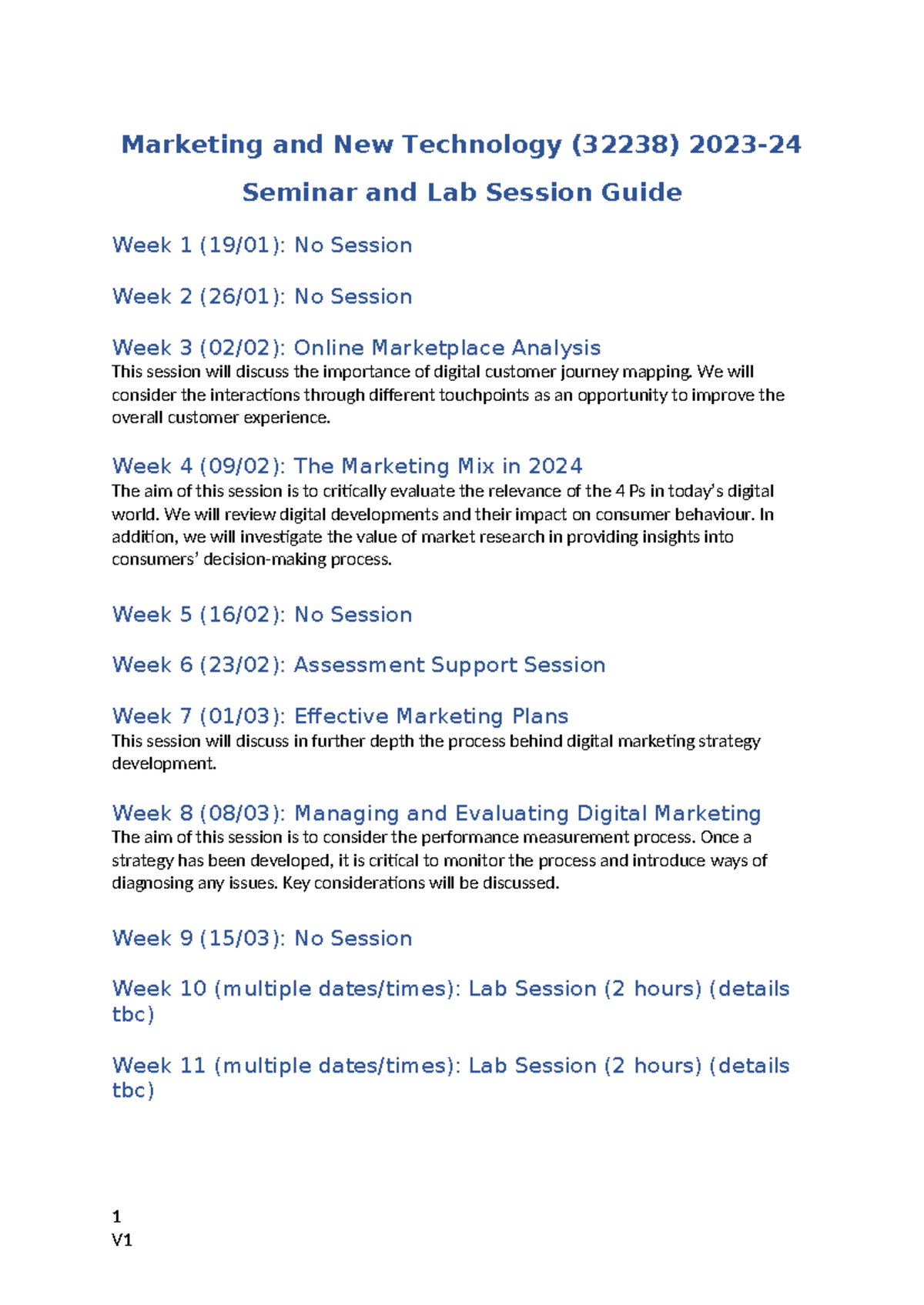 Seminar/practical session plan - Marketing and New Technology (32238 ...