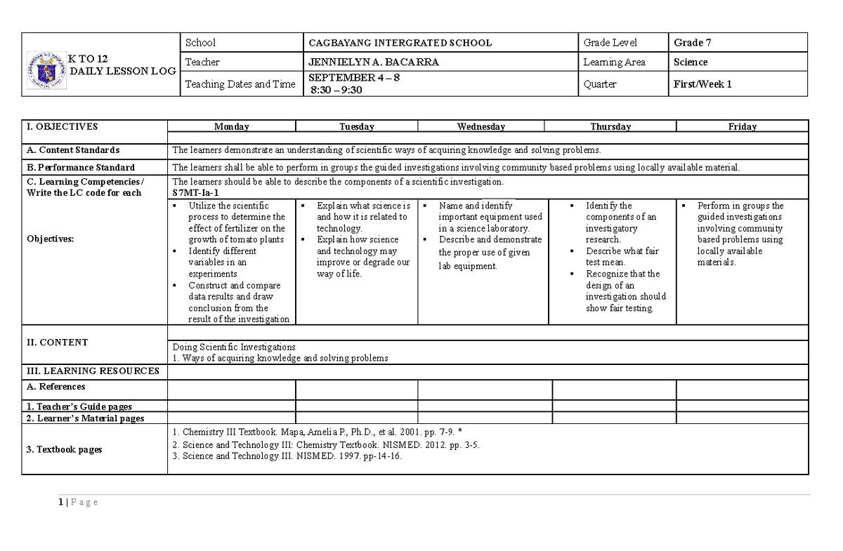 science 7 DLL Week 1 - K TO 12 DAILY LESSON LOG School CAGBAYANG ...