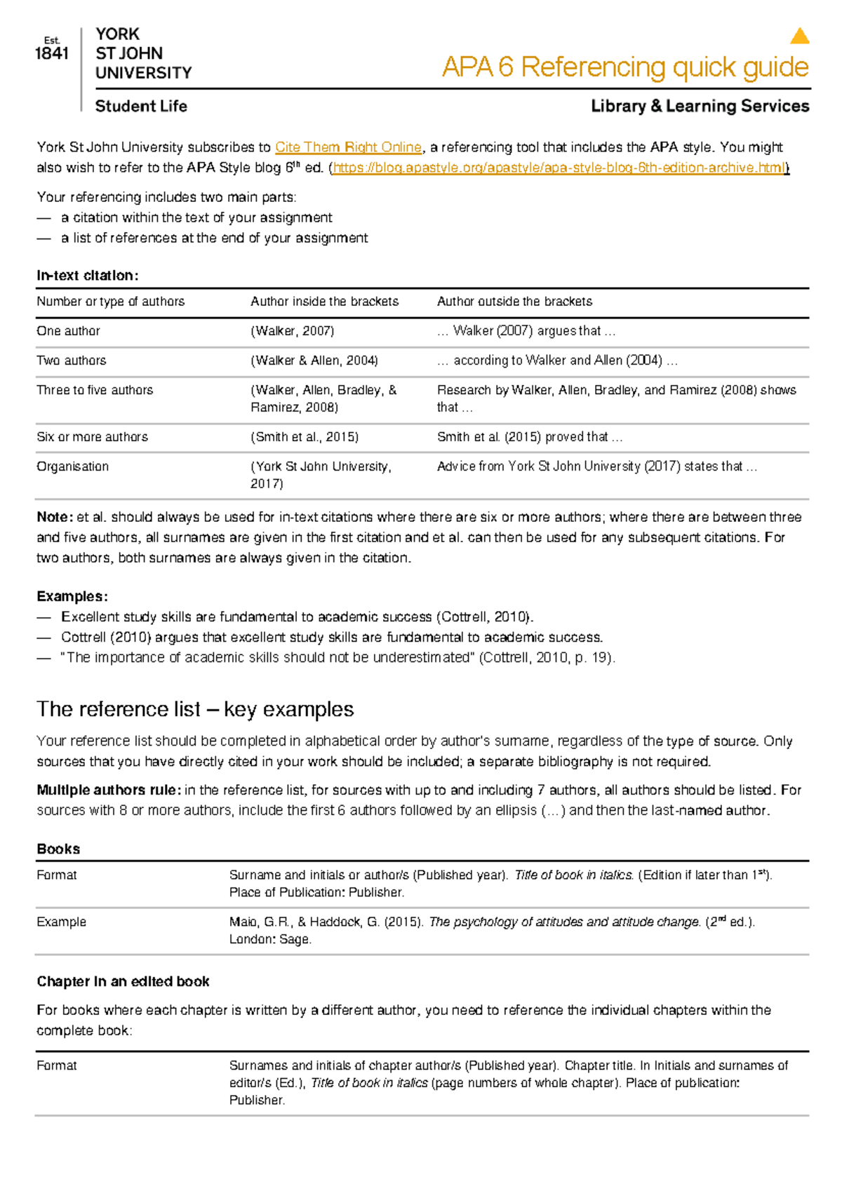 APA 6th ed Referencing quick guide - APA 6 Referencing quick guide York ...