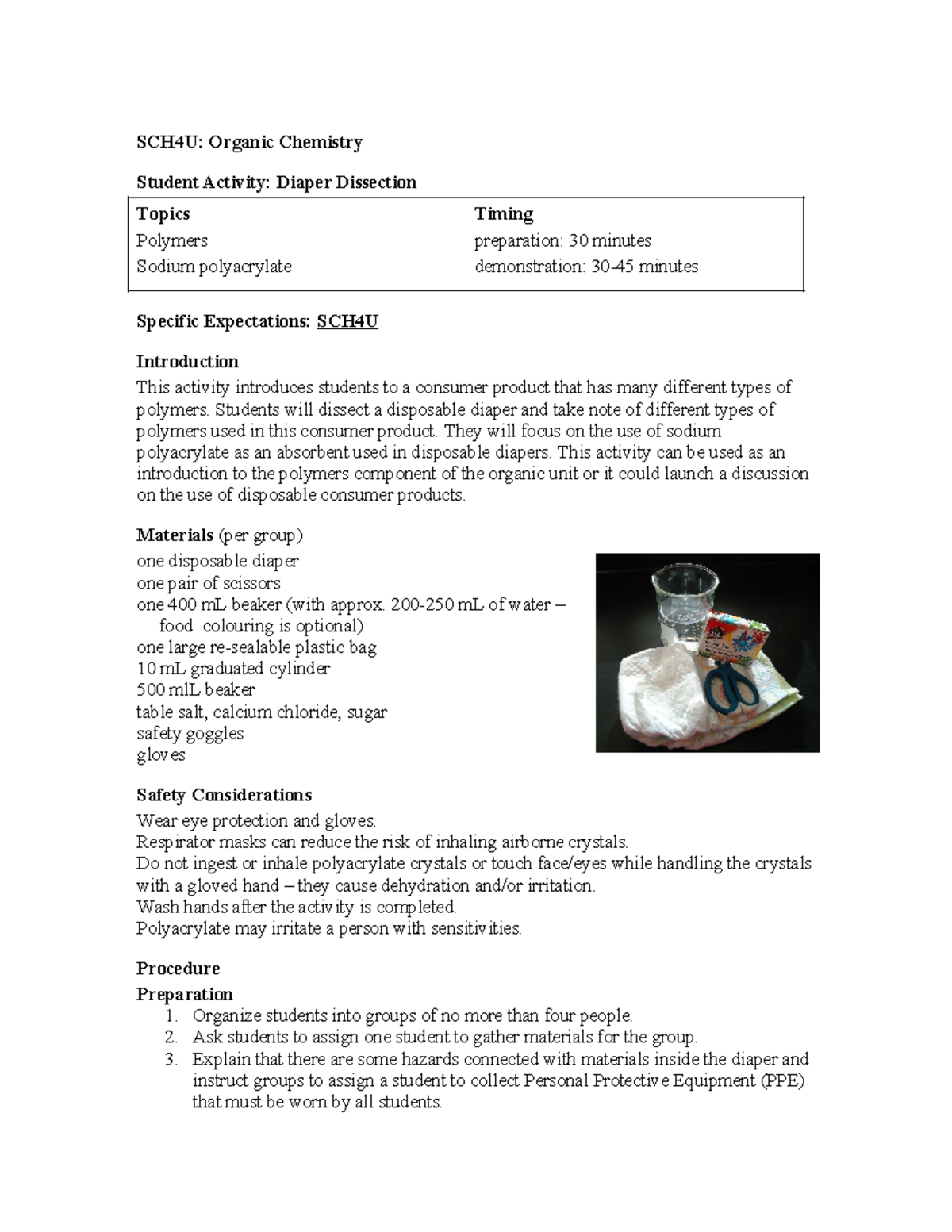 C-4U-B1 - n/a - SCH4U: Organic Chemistry Student Activity: Diaper ...