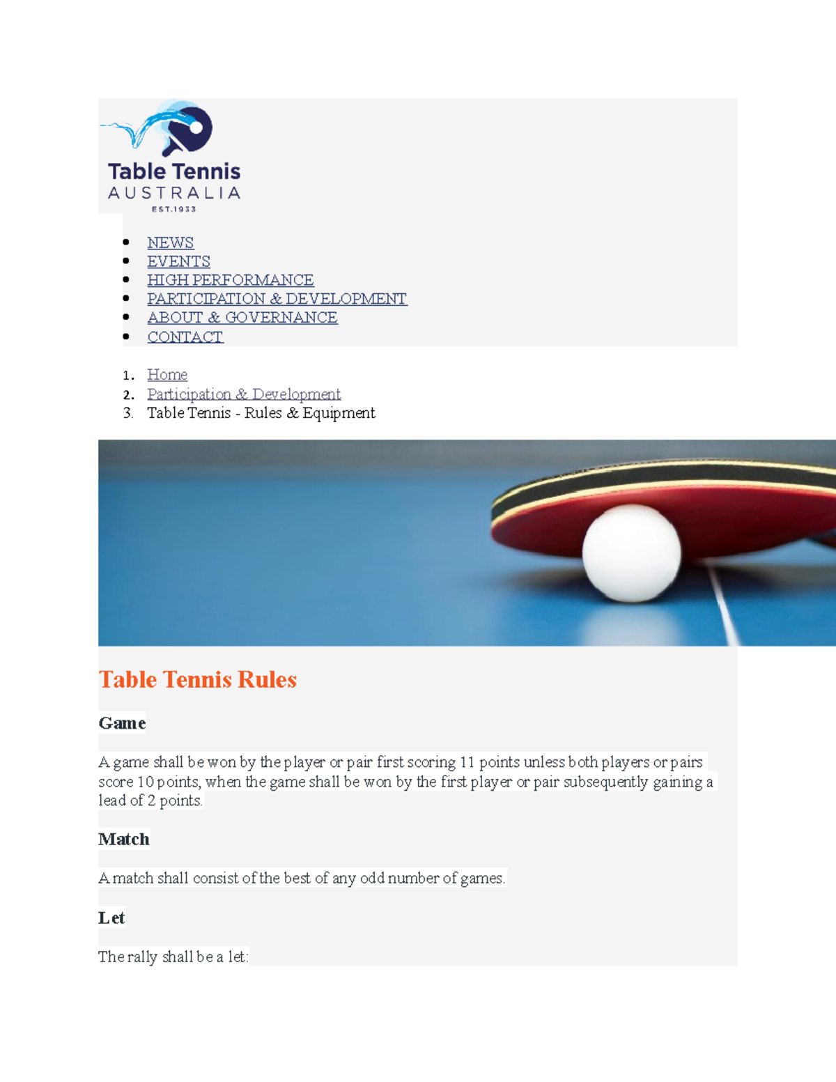 Table tennis facility, equipment and rules NEWS EVENTS HIGH
