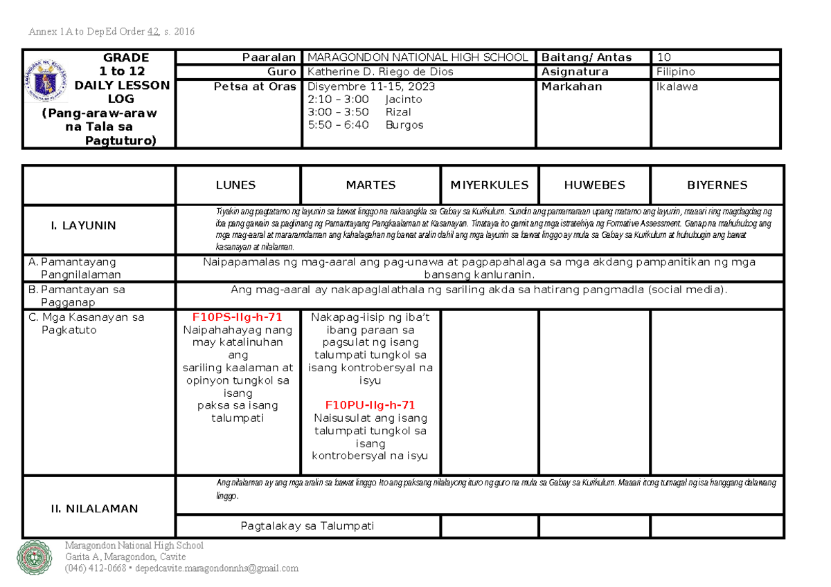 December 11-15, 2023 - DLL - GRADE 1 to 12 DAILY LESSON LOG (Pang-araw ...