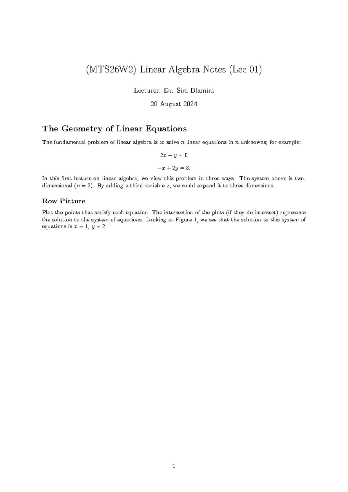 MTS26W2 Lecture 01 - (MTS26W2) Linear Algebra Notes (Lec 01) Lecturer ...