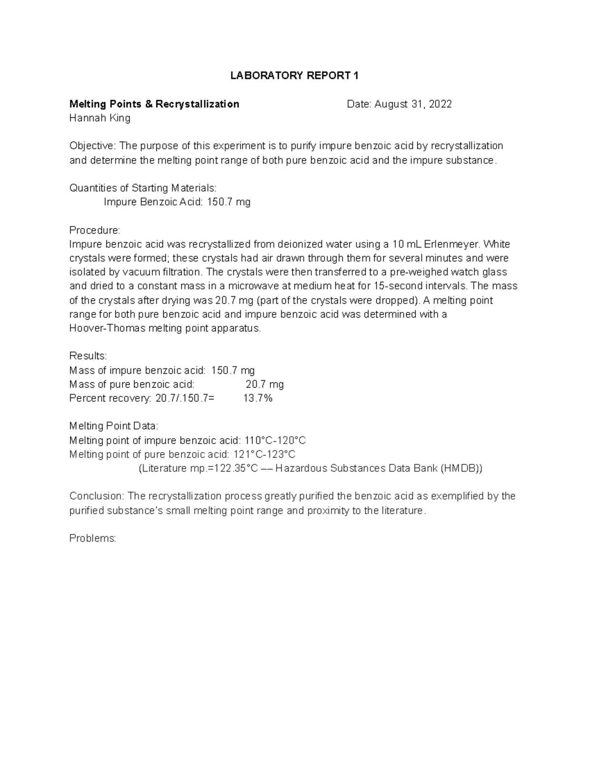 Laboratory Report 1 - LABORATORY REPORT 1 Melting Points ...