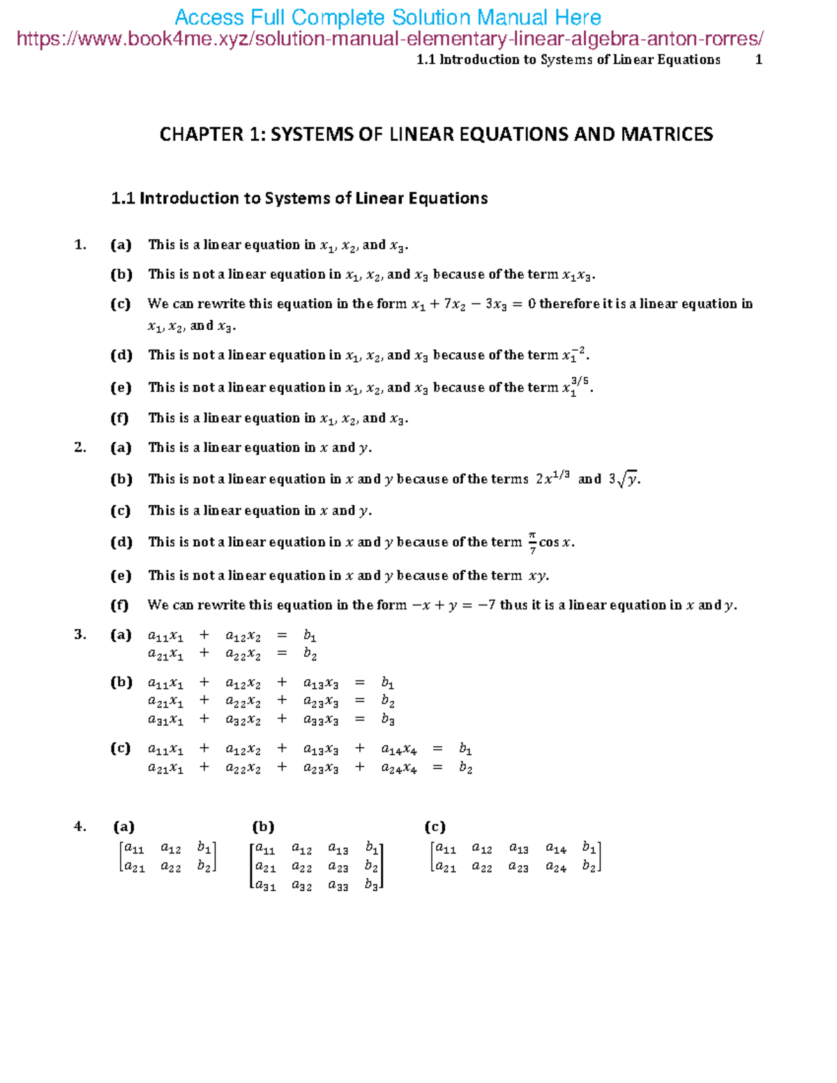 Solution Manual for Elementary Linear Al - 1 Introduction to Systems of ...