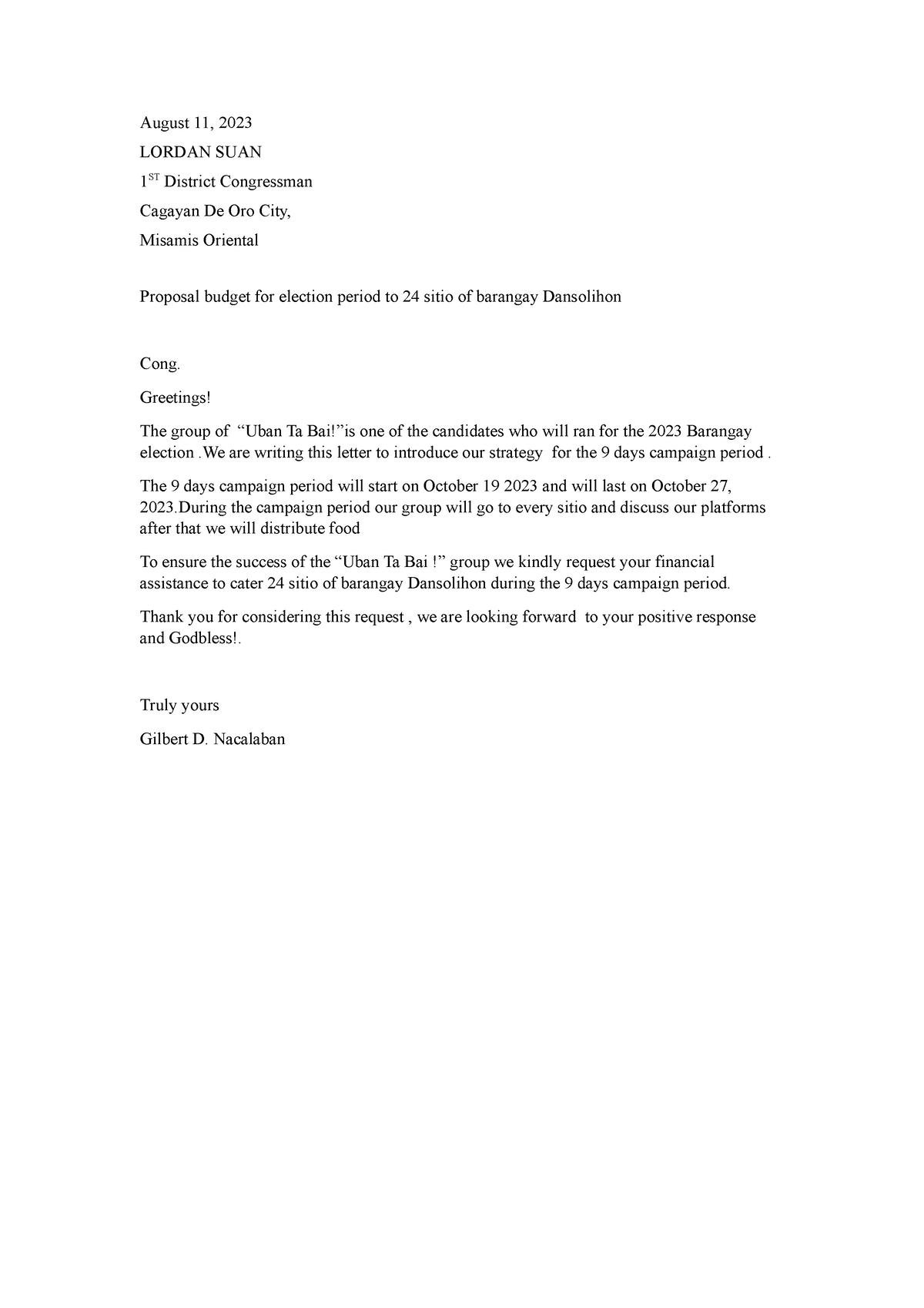 Solicitatiion- Letter - August 11, 2023 LORDAN SUAN 1 ST District ...