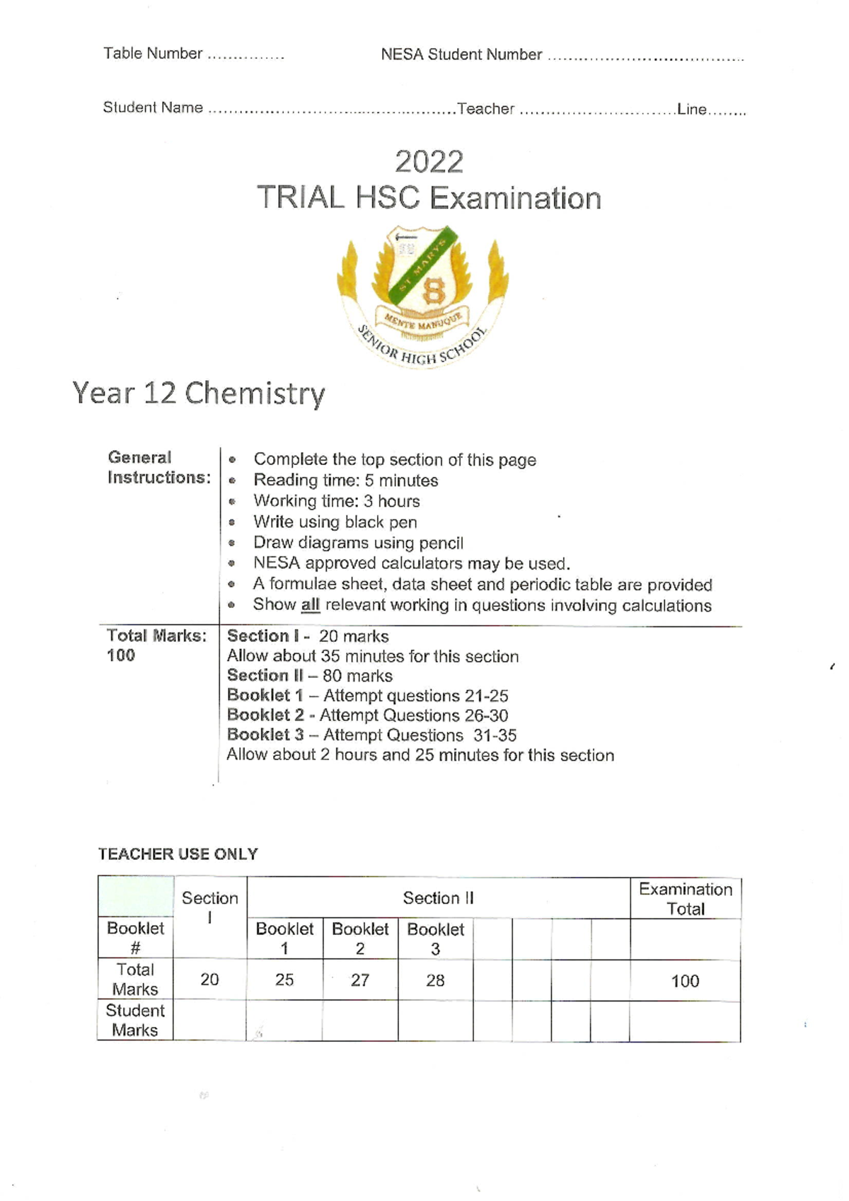 2022 Trial HSC Multiple Choice - CHEM1031 - Studocu