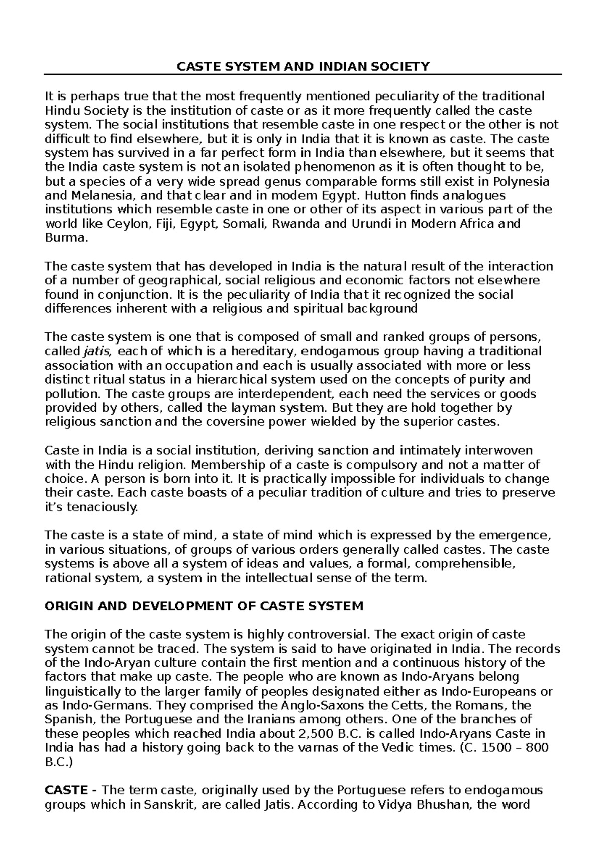 Caste System AND Indian Society - CASTE SYSTEM AND INDIAN SOCIETY It is ...
