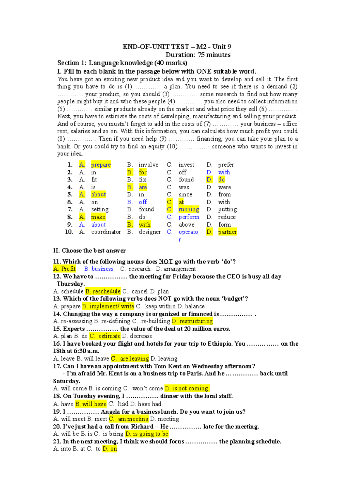 End Of Unit Test U9 HP2 - END-OF-UNIT TEST – M2 - Unit 9 Duration: 75 ...