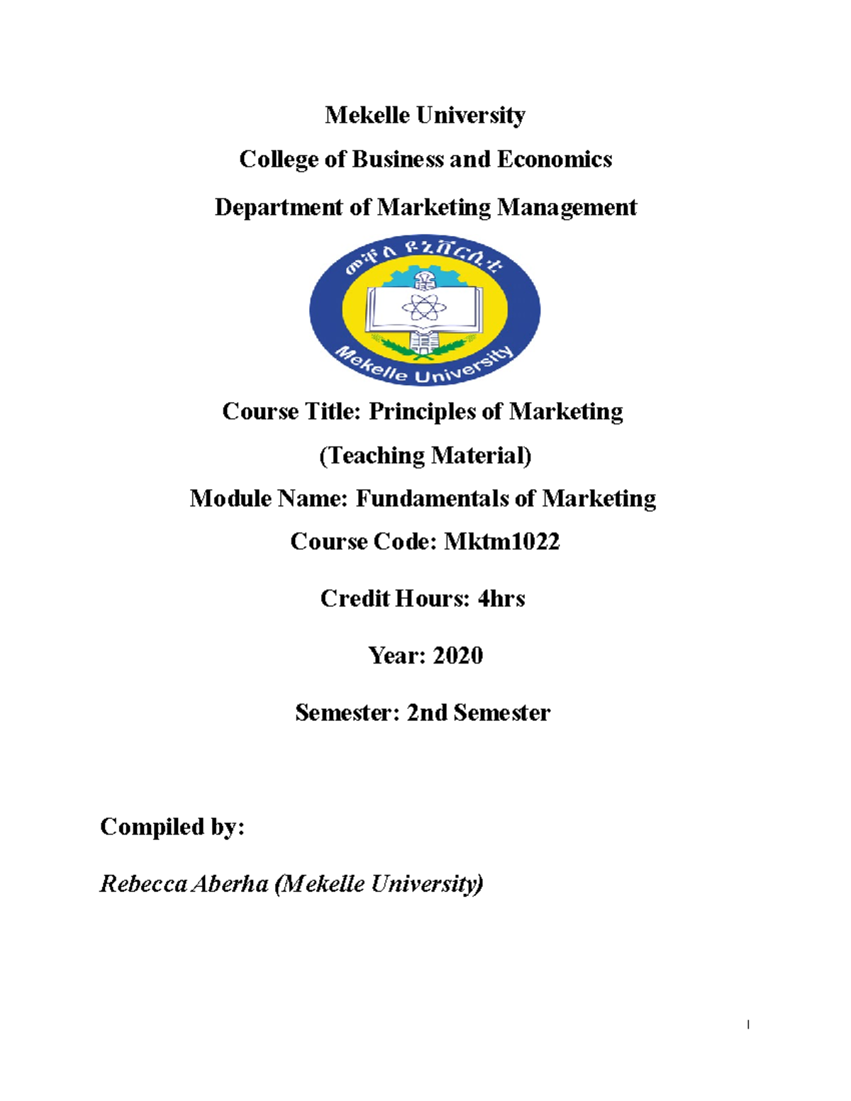 Principle Of Marketing - Mekelle University College Of Business And ...