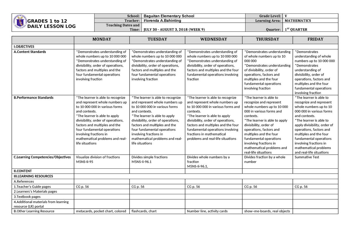 DLL Mathematics 5 Q1 W9 - CHECK YOUR DAILY LOGS - GRADES 1 To 12 DAILY ...