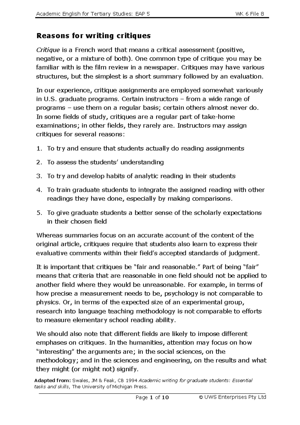 8 Writing A Literature Review Summaries And Critiques Student