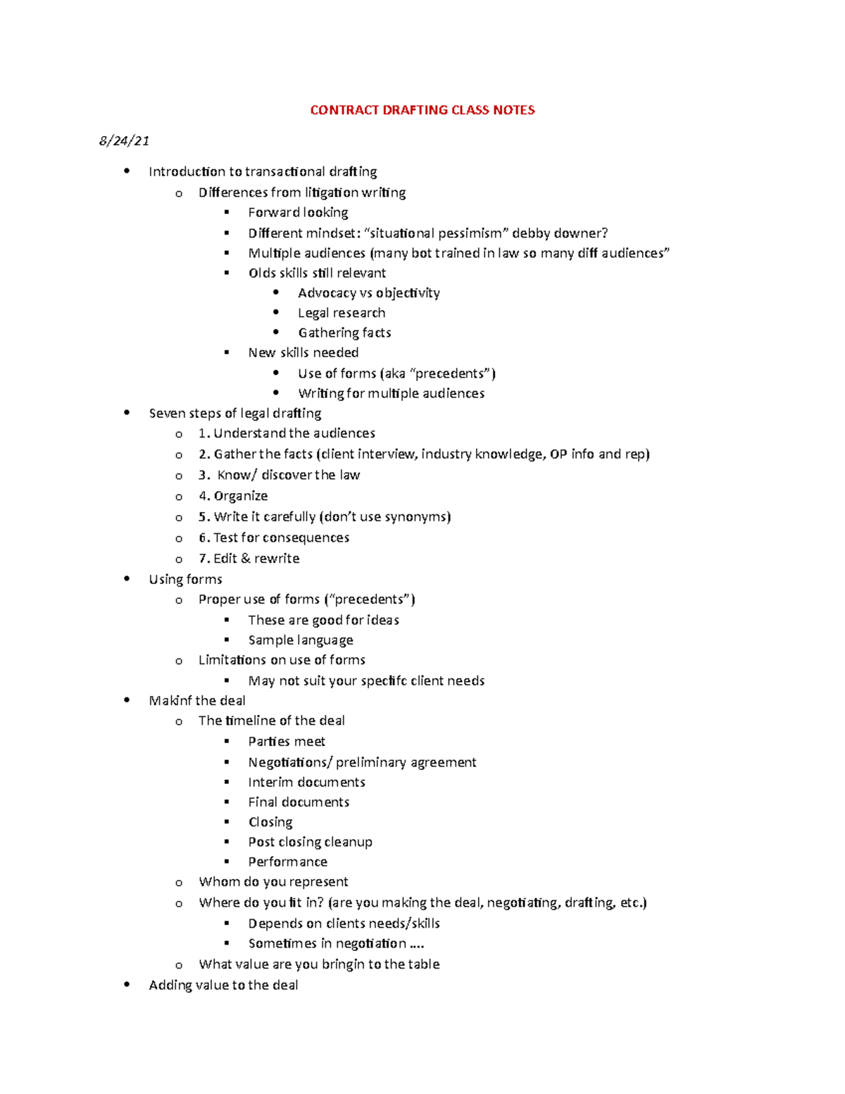 Contract Drafting Class Notes CONTRACT DRAFTING CLASS NOTES 8/24
