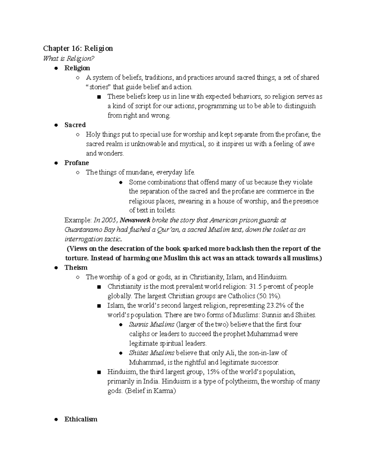 Chapter 16 Outline Chapter 16 Religion What Is Religion Religion A 