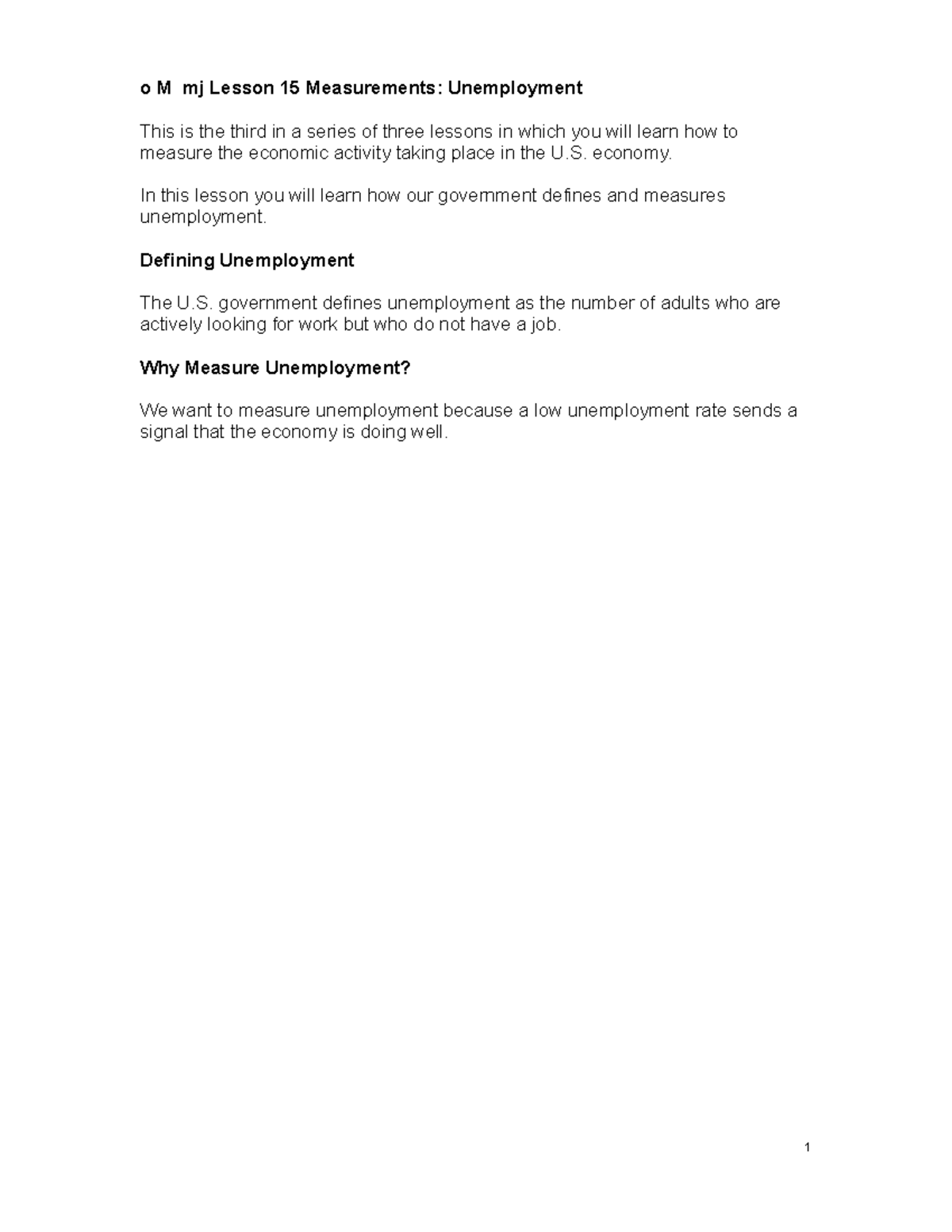 Lesson 15 Measurements Unemployment o M mj Lesson 15 Measurements