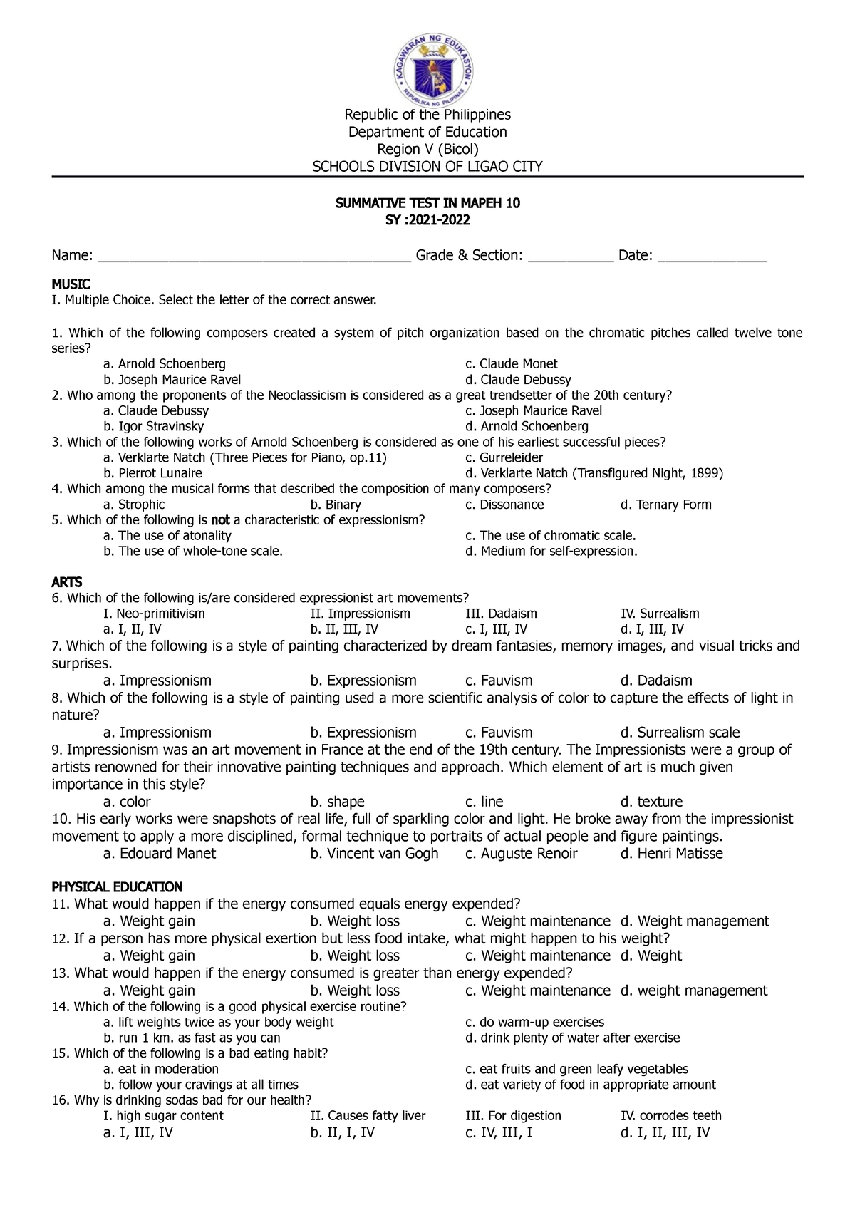 Mapeh 10 1st Summative Test - Republic Of The Philippines Department Of ...