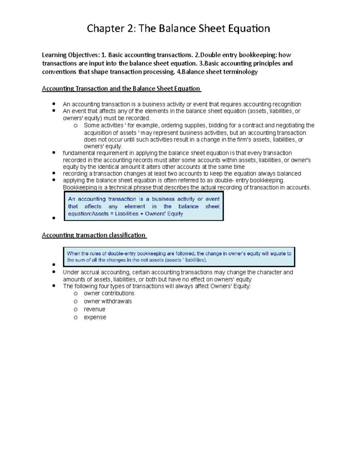 Chapter 2 textbook notes - Learning Objectives: 1. Basic accounting ...