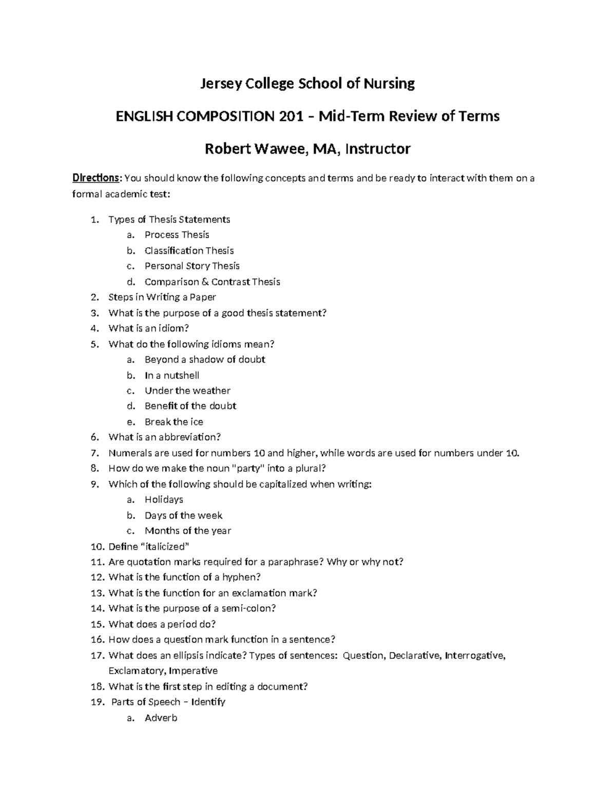 ENGL COMP Mid-Term Review - Jersey College School of Nursing ENGLISH ...