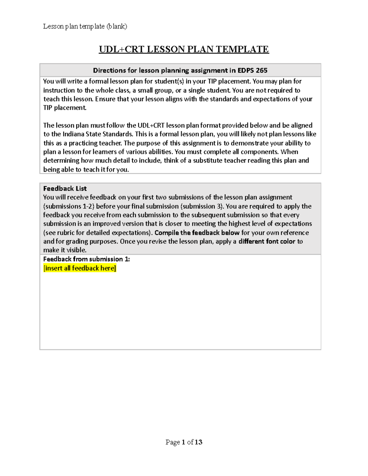 Lesson Plan Blank Template - UDL+CRT LESSON PLAN TEMPLATE Directions ...