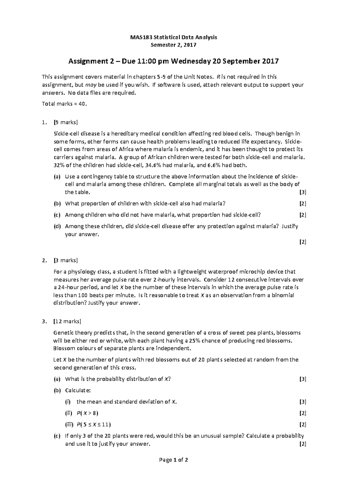 Assign 2 - Page 1 of 2 MAS183 Statistical Data Analysis Semester 2 ...