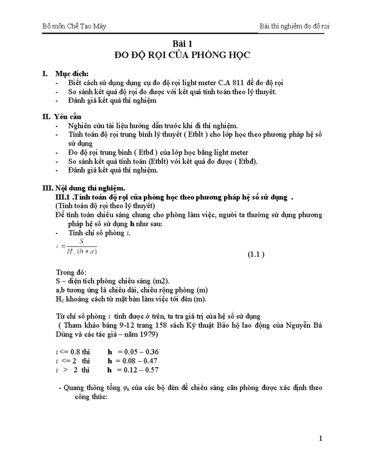 ĐỘ RỌI - Môi trường và con người (ME2019) - Bài 1 ĐO ĐỘ RỌI CỦA PHÒNG ...