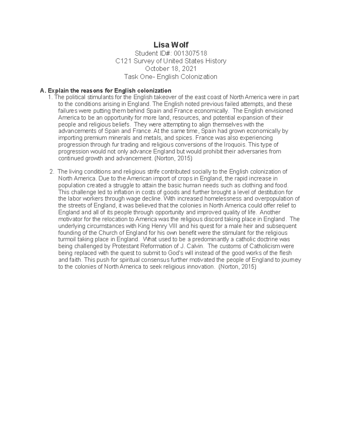 C121 Task 1- English Colonization - Lisa Wolf Student ID#: 001307518 ...