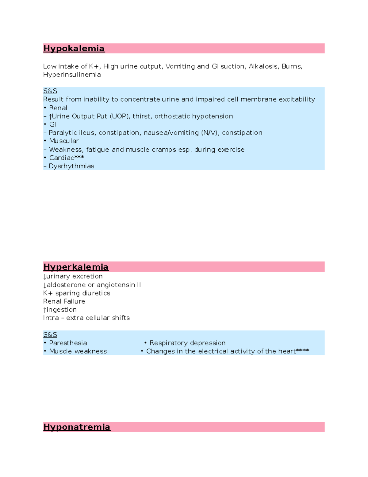 Final Patho Study Guide - Hypokalemia Low intake of K+, High urine ...