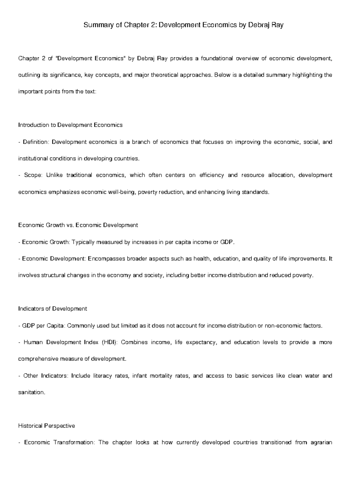 Chapter 2 Summary Development Economics - Summary of Chapter 2 ...